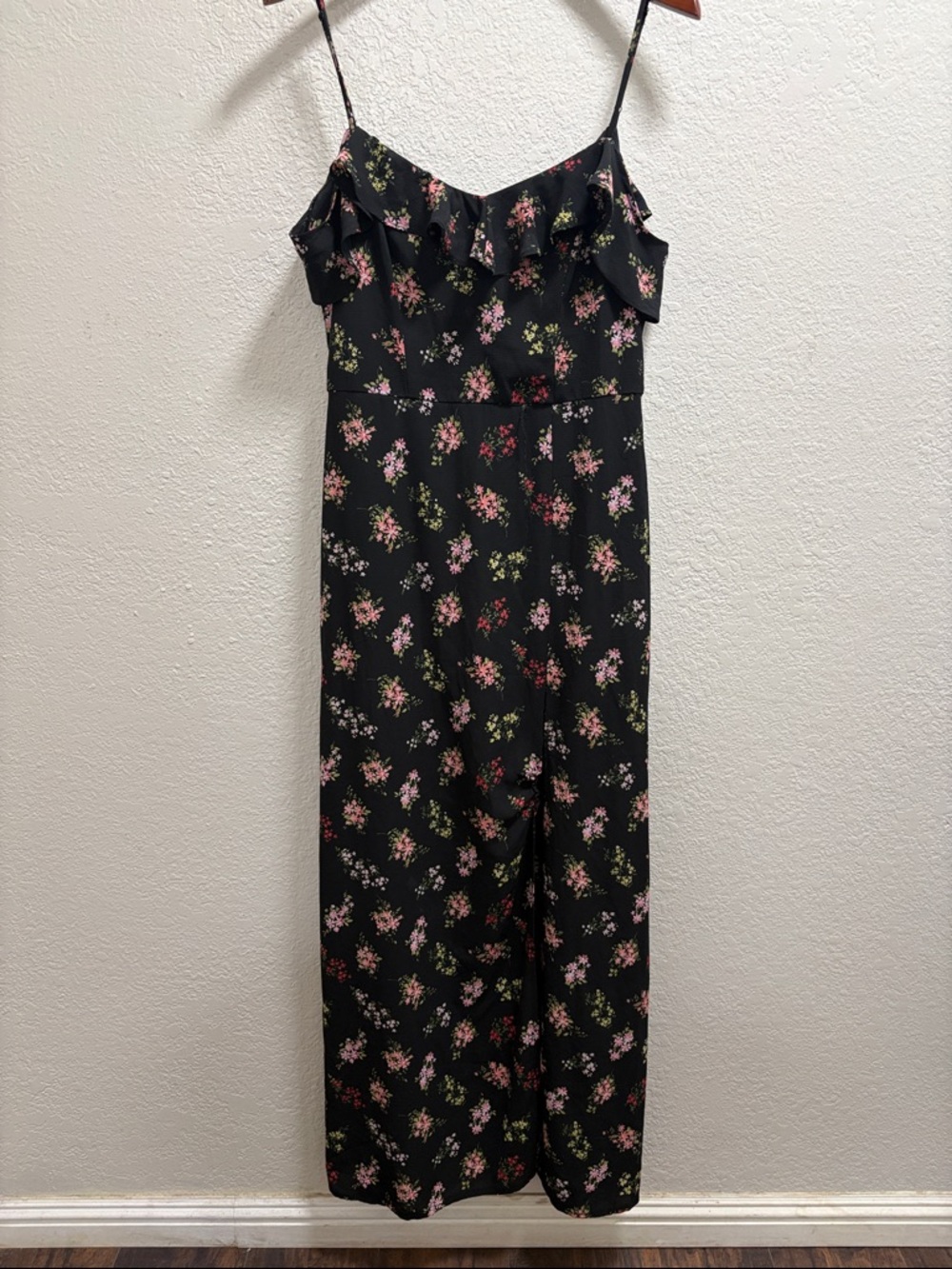 B Darlin Black Floral Maxi Dress with Pink and Green Accents